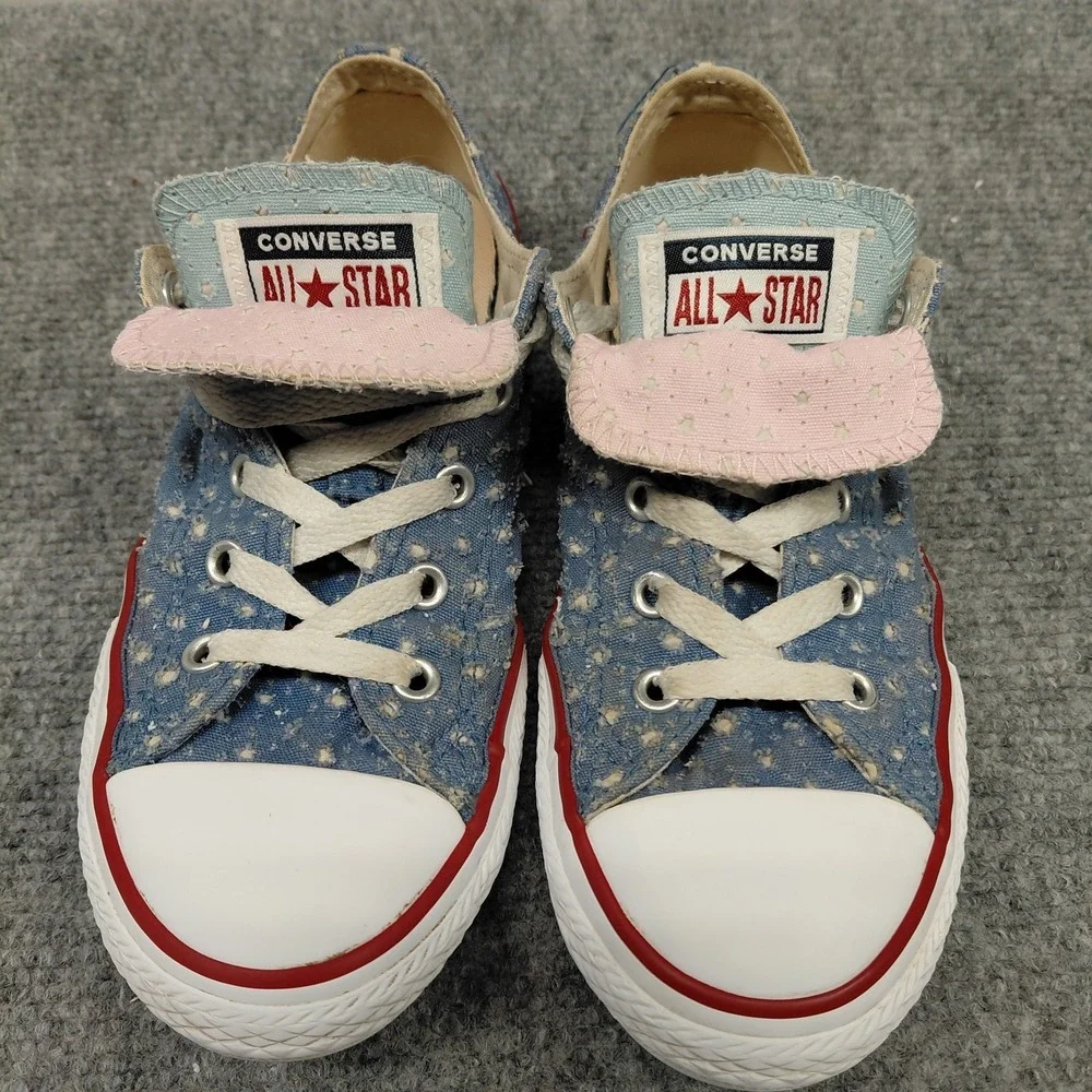 Converse All Star Double Tongue Girls Sz 2 Eyelet Patriotic Red White Blue Lace